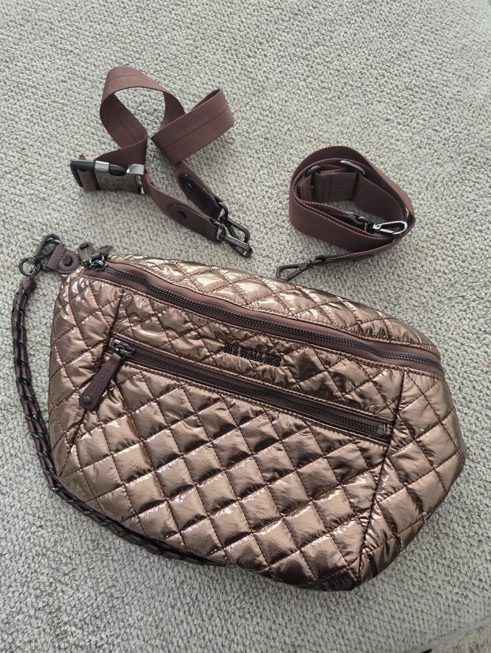 MZ Wallace Rose Large Gold Quilted Crosby Crossbody Belt Bag